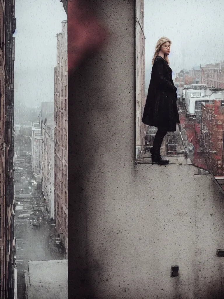 Image similar to cute model annie leonhart posing in dunwall city on building roof, beautiful face, detailed face, realistic eyes, cinematic lighting, rainy weather, melancholy atmosphere, volumetric light, gothic architecture, realistic reflections, model agency, instagram photo, depression atmosphere, shot on sony a 6 4 0 0 camera, beauty filter, postprocessing