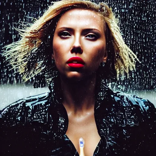 Prompt: close up of face of a wet fashion model scarlet johansson in luxury dress, heavy rain, dramatic lighting, official dior editorial, highly detailed