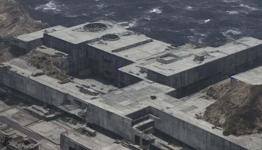 Image similar to big brutalist imperial military base on cliffs, drawing architecture, very long shot, top angle, imperial architecture in rogue one, pritzker architecture prize, brutalism architecture, jan urschel, greig fraser