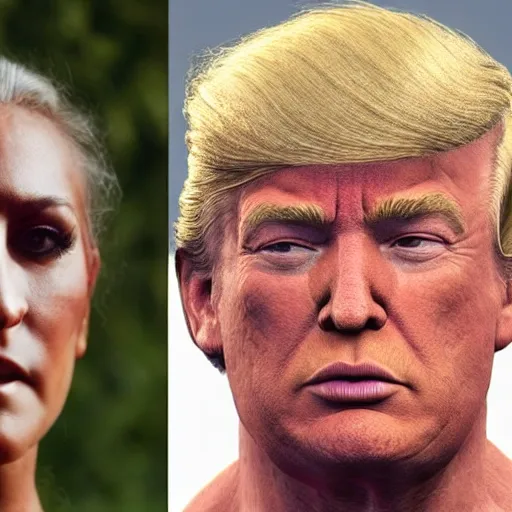 Image similar to uhd, high resolution photography of woman, genetic combination of hulk hogan and donald trump face and upper body, body focus