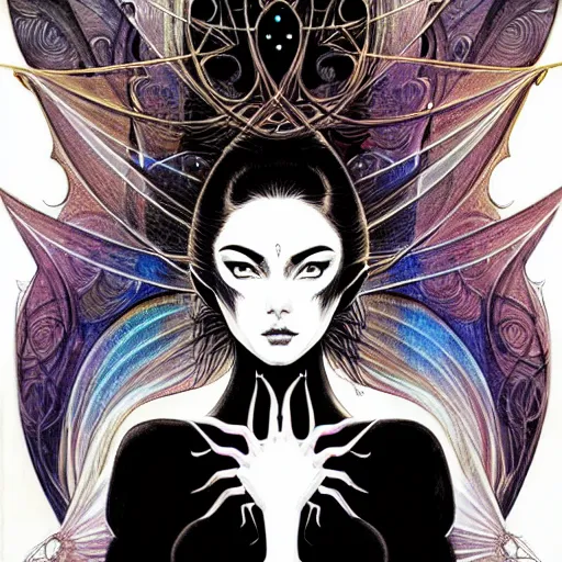Prompt: a symmetrical portrait of a mystical feminine creature with glowing energies and particals, metal scales, surrounded by spirits, gloomy cinematic lighting, highly detailed, illustrated novel, by artgerm and miura and druillet