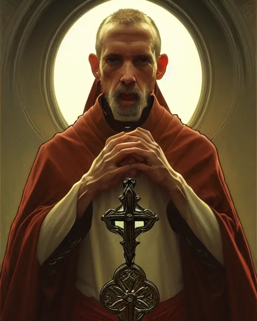 Prompt: realistic wide angle portrait of a nasty bishop, cross, evil, heroic pose, beautiful face, bible, full body, dramatic lighting, intricate, wild, highly detailed, digital painting, artstation, concept art, smooth, sharp focus, illustration, art by artgerm and greg rutkowski and alphonse mucha, footage from space camera