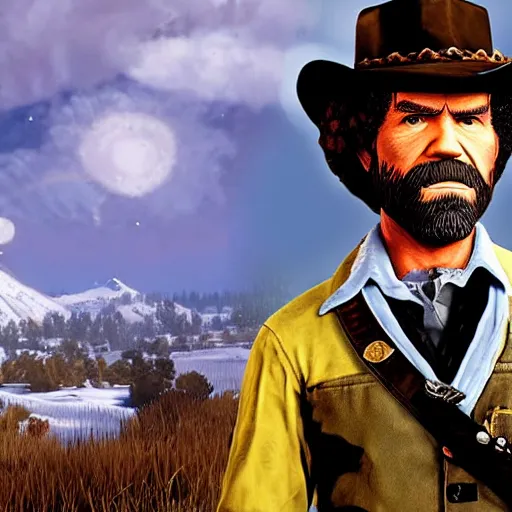 Image similar to Bob Ross as a video game character in red dead redemption 2 wearing a sheriff uniform