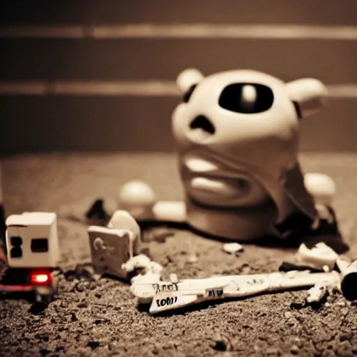 Prompt: a broken toy, crime scene, investigation, evidence, crime photos, night