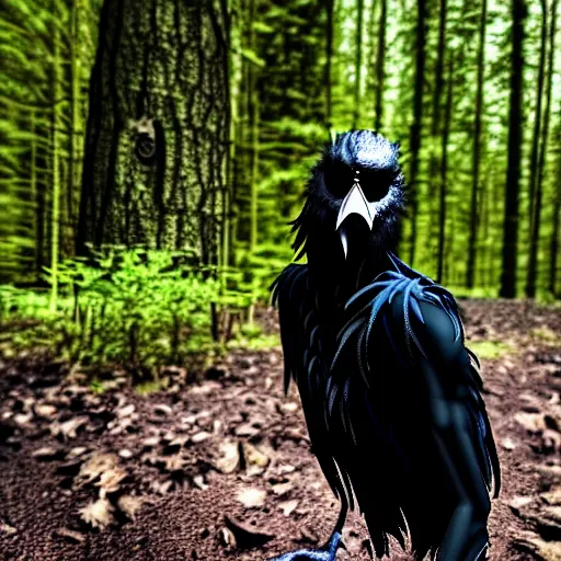 Image similar to werecreature consisting of a human and crow, photograph captured in a forest