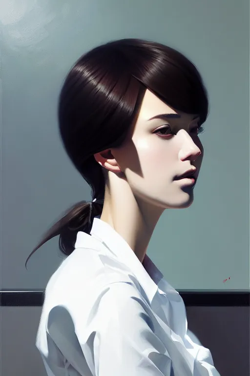 Image similar to a ultradetailed beautiful portrait panting of a stylish woman sitting in a bath, she is wearing a white shirt with a tie, oil painting, by ilya kuvshinov, greg rutkowski and makoto shinkai