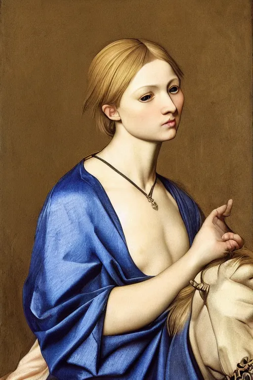 Prompt: hyper - realistic close - up portrait of a medieval blonde with a huge amount of color in the caravaggio style, pale skin, in a silver silk robe, blue palette