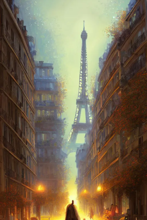 Prompt: paris in the future, ultradetailed, volumetric lighting, digital painting, concept art, illustration, limited color palette, art by greg olsen and liz lemon swindle