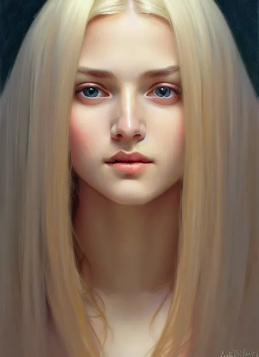 Image similar to beautiful ukrainian feminine face! portrait of young woman blessed by god with ever - increasing physical and mental perfection, blonde hair, symmetrical! intricate, elegant, highly detailed, vision of holy perfection!! smile, digital painting, artstation, concept art, smooth, sharp focus, illustration, art by artgerm and greg rutkowski and alphonse mucha