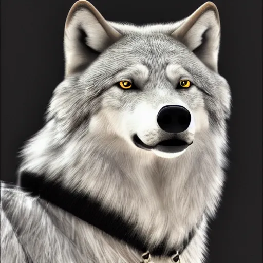 Image similar to portrait of a wolf in a black cap with a visor and a black sweatshirt, a necklace of white pearls around his neck, ultra detailed,photorealistic, 8k, HD, blender, high quality,