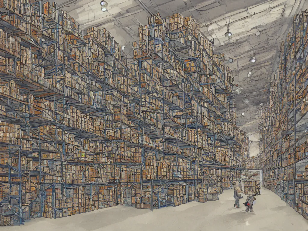 Image similar to a contemoprary painting of a warehouse with huge shelves in which stacks of paper are stored, trending on artstation