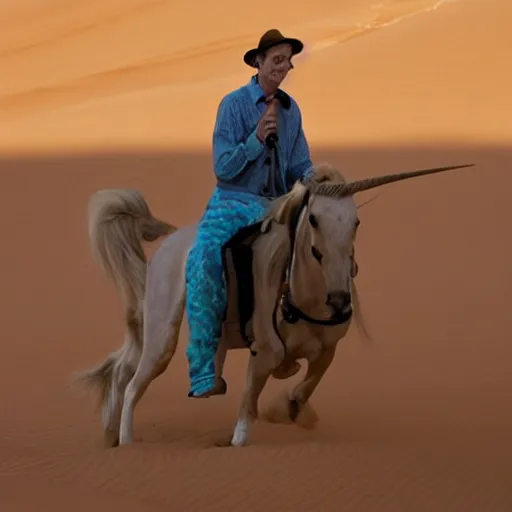 Prompt: steve buscemi as a unicorn in the sahara - n 4