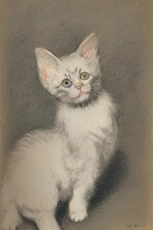 Prompt: 8K UHD cute kitten with floppy ears, drawing by Henry de Toulouse Lautrec, very detailed, matte, tone mapped