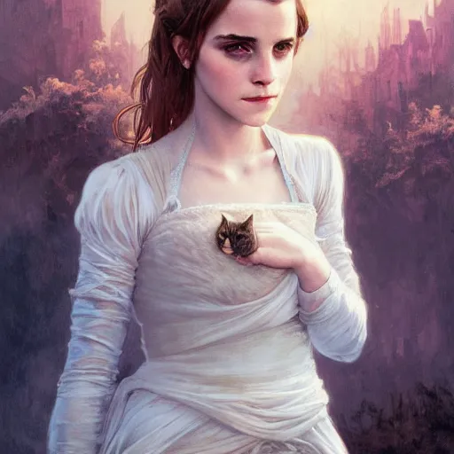 Prompt: a beautiful portrait of emma watson as a cat girl, fantasy, intricate, elegant, highly detailed, digital painting, artstation, concept art, matte, sharp focus, illustration, art by greg rutkowski and alphonse mucha