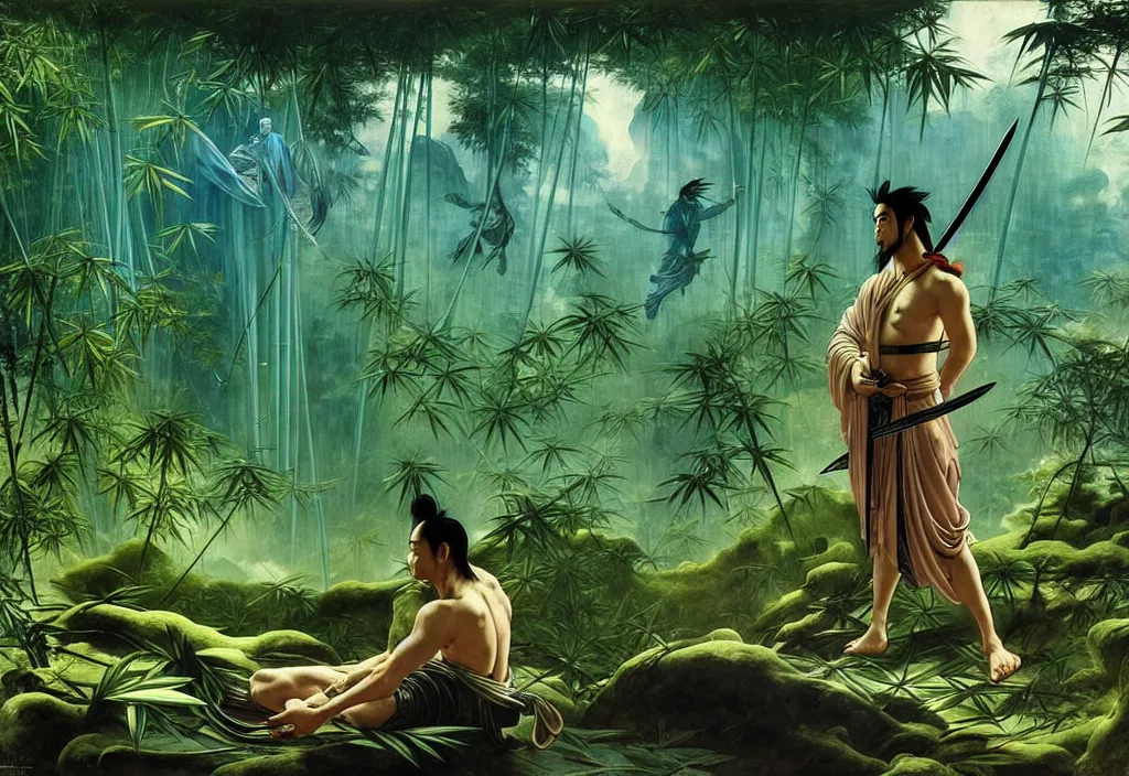 Prompt: yasuo the ancient swordsman gazing upon the world he has created while its raining in a bamboo forest, futuristic sci fi landscape background by denis villeneuve, monia merlo, yves tanguy, ernst haeckel, alphonse mucha, max ernst, caravaggio, roger dean, sci fi necklace, masterpiece