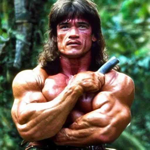 Image similar to a photo of arnold schwarzenegger as rambo, in the jungle, sweat, little dirty, high details