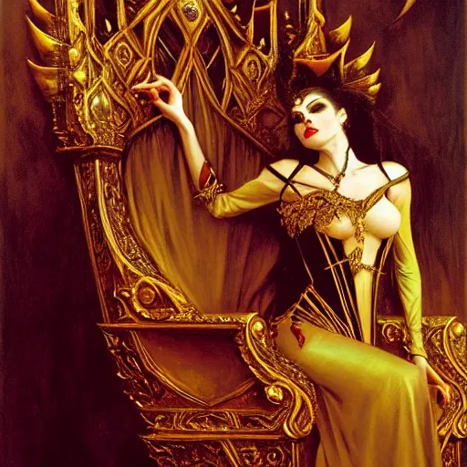 Image similar to perfectly centered portrait of attractive vampire queen in gold gothic robe sitting on a throne of black bones, painting by gaston bussiere, craig mullins, j. c. leyendecker, 8 k, mid shot