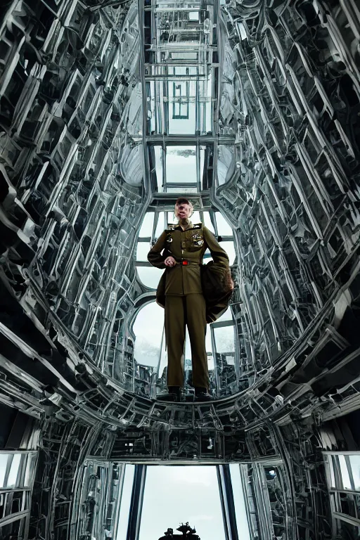 Image similar to kodak portra 5 0 mm f 4 full body portrait photography of a wwii airborne infantry soldier who's a mix of gillian anderson and adam driver, looking exhausted, setting is inside a sci fi megastructure tower looking out a window, photo by erwin olaf