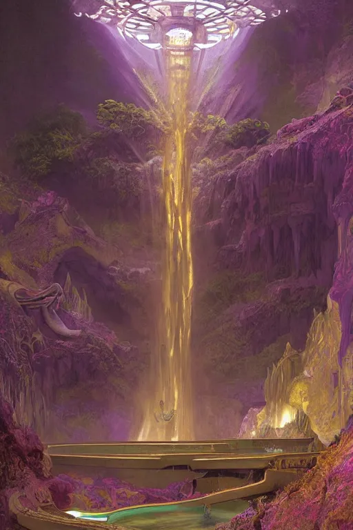 Prompt: Concept Digital Art Highly detailed Alien Art Deco Riza 4 lazy river inside of mount Vesuvius with glowing purple water at midnight, starfleet shore leave, by greg rutkowski, alphonse mucha, and Edmund Blair Leighton. Very highly detailed 8K, exquisite rendering, octane, drum scanner, Digital painting, the golden ratio, rational painting, sharp