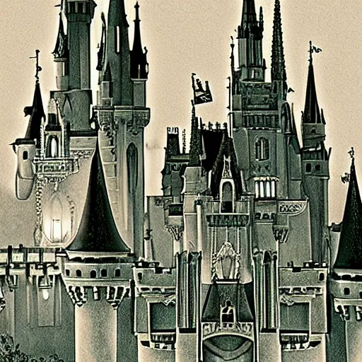 Prompt: Cinderella castle in the style of Scary Stories to tell in the Dark