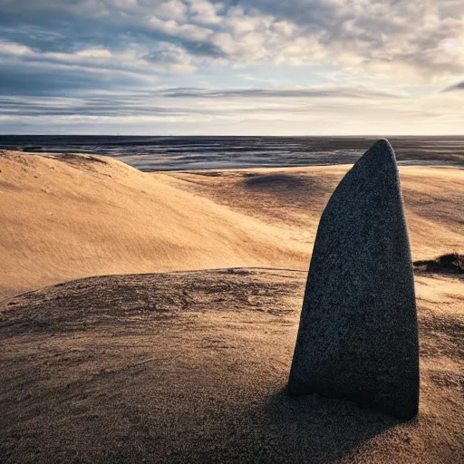 Image similar to a breathtaking photograph of a windswept dunes scandinavian landscape, a withered ancient altar stone in center, ultra wide shot, cinematic, 8 k, dramatic lighting