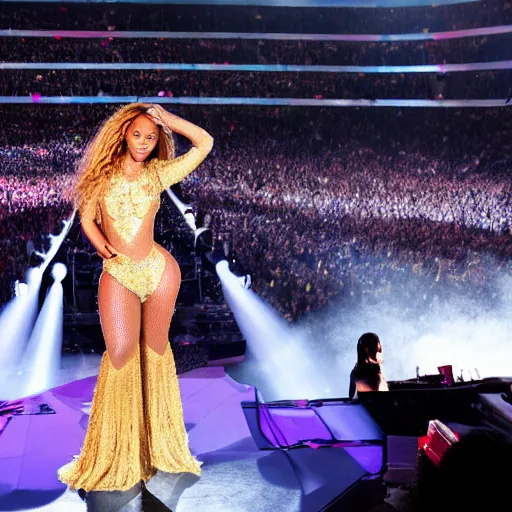 Prompt: Beyonce giving a concert, EOS 5D, ISO100, f/8, 1/125, 84mm, RAW Dual Pixel, Dolby Vision, HDR, professional