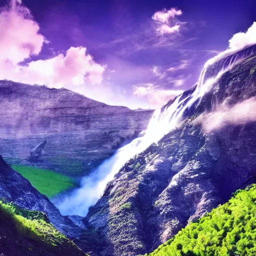 Image similar to beautiful mountain valley, cinegraphic, very very very detailed, waterfall, blue sky