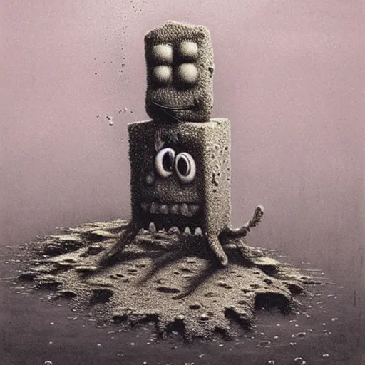 Image similar to dessicated spongebob rotting at the bottom of the sea beksinski