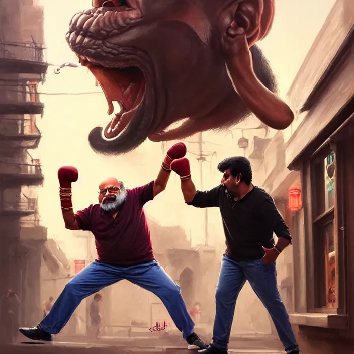 Image similar to portrait of tall indian man punching danny devito outside a bar, elegant, real life skin, intricate artwork, high detailed, artstation, concept art, smooth, sharpz focus, art by artgerm and greg rutkowski