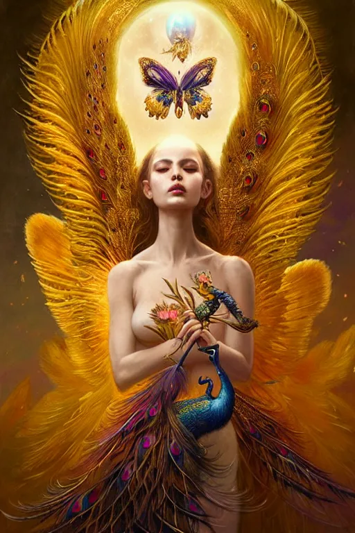 Prompt: ultradetailed portrait of an empress of celestial beauty! with large wings of protecton, a grand golden throne, beautiful flowers and butterflies, crown made of peacock feathers by greg rutkowski, karol bak and peter mohrbacher, volumetric lighting, magical realism, celestial, empress.
