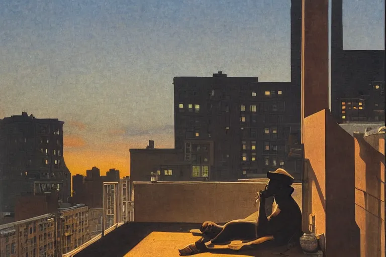 Prompt: painting of a black men in a rooftop, watching new york, beautiful, sunset, romantic, by ludwig deutsch and maxfield parrish, patterned tilework, extremely detailed, cinematic lighting, smooth sharp focus