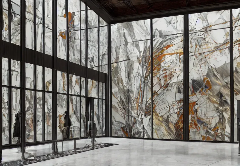 Image similar to a museum with eight walls twenty pieces of artwork and large window light fall autumn modern rustic marble photo realist architecture