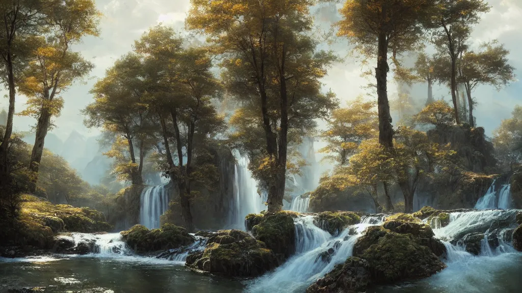 Image similar to the most beautiful panoramic landscape, oil painting, where a giant dreamy waterfall creates a river, the trees around are starting to bloom in a variety of colors, by greg rutkowski