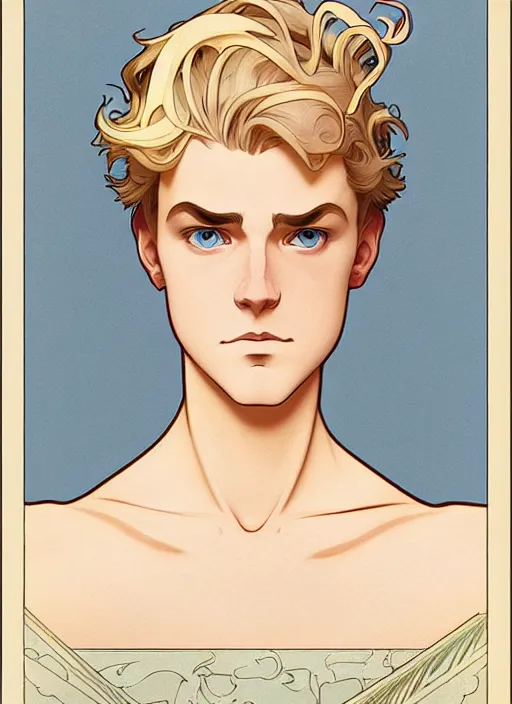 Prompt: art nouveau portrait of a pretty young man with short blond hair, light blue eyes, sad expression, scared, head down, natural lighting, path traced, highly detailed, high quality, cartoon, digital painting, by don bluth and ross tran and studio ghibli and alphonse mucha