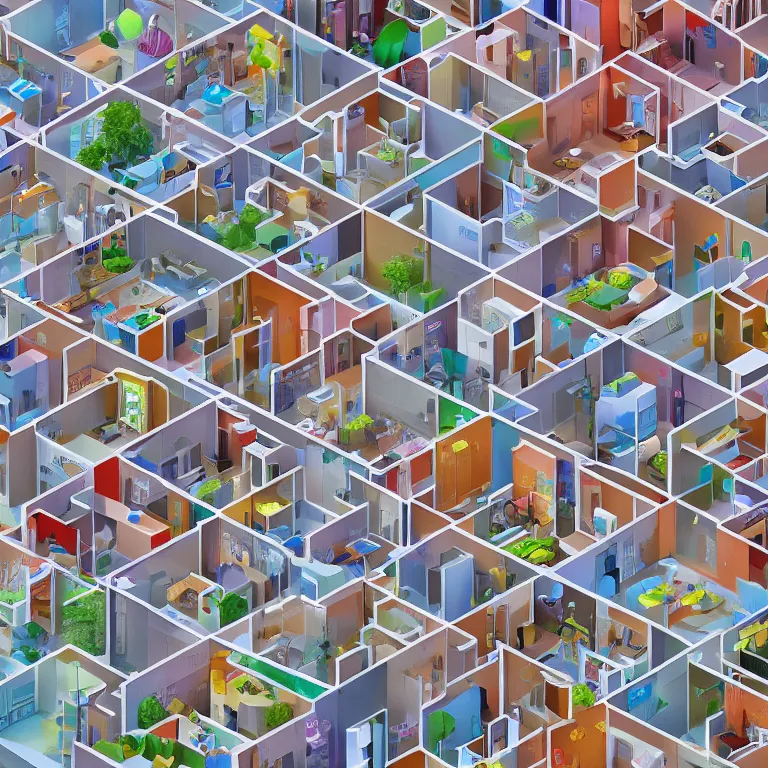 Image similar to body cells are like an apartment building, in each cell there is everyday life, parties, movement, artistic, beautiful and cute, low poly, high quality, detailed, 8 k resolution