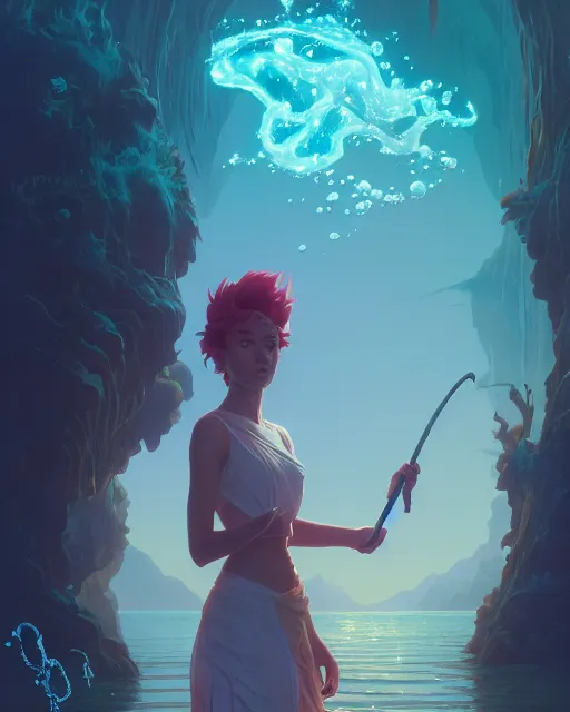 Image similar to highly detailed vfx portrait of a mage casting water magic, unreal engine, greg rutkowski, loish, rhads, beeple, makoto shinkai and lois van baarle, ilya kuvshinov, rossdraws, tom bagshaw, alphonse mucha, global illumination, detailed and intricate environment