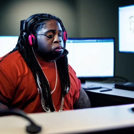 Image similar to obese Lil Wayne wearing a headset yelling at his monitor while playing WoW highly detailed wide angle lens 10:9 aspect ration award winning photography erasure head