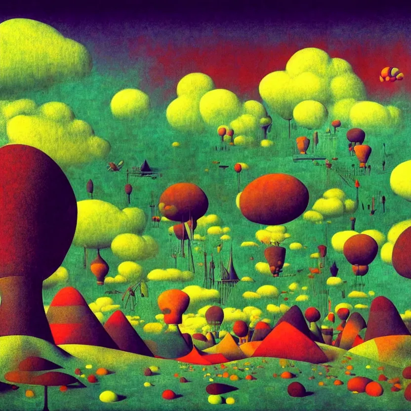 Image similar to surreal glimpse into other universe, zeppelin, island, summer morning, very coherent and colorful high contrast, art by! gediminas pranckevicius, rene magritte! paul klee geof darrow, volumetric lighting, cinematic, floralpunk screen printing woodblock, dark shadows, hard lighting, stipple brush