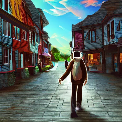 Prompt: time traveler from 2050 walking in a 1700 town, digital art, detailed