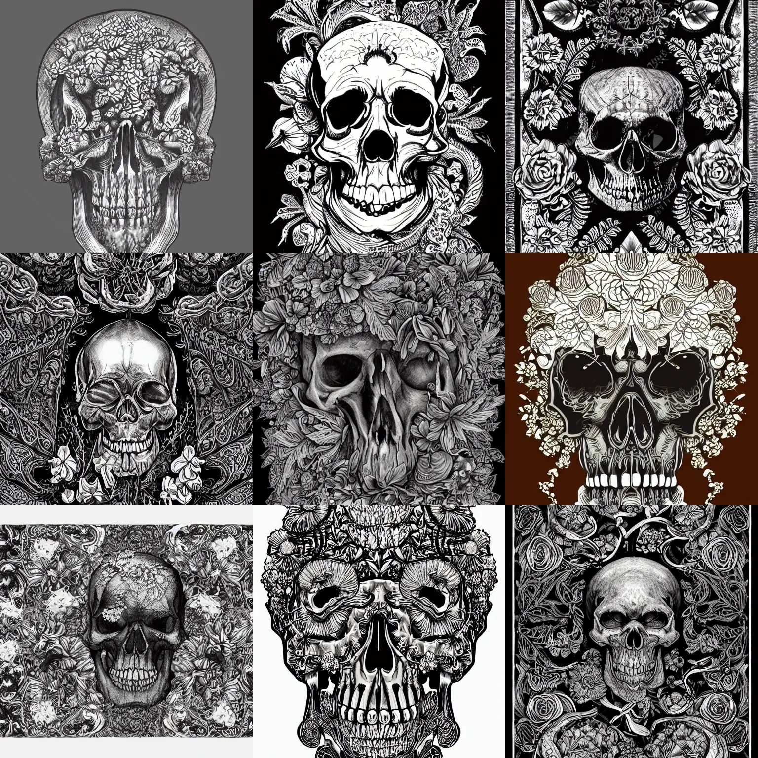 Prompt: detailed rotten skull corpse with fractal plants and fractal flowers and mushrooms growing around, symmetrical, ornate, ornamentation, illustration, in the style of onz _ blk, black and white