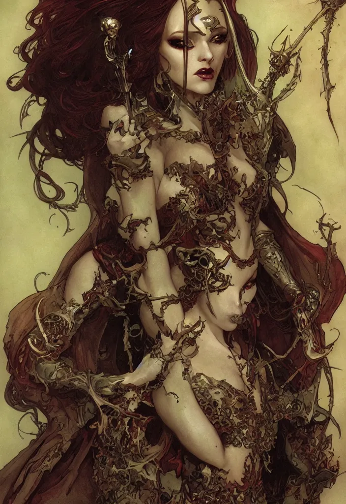 Image similar to drawing of a beautiful vampire woman, armor plates, by marc simonetti and brian froud and mike mignola and alfons maria mucha and peter mohrbacher, hyperdetailed