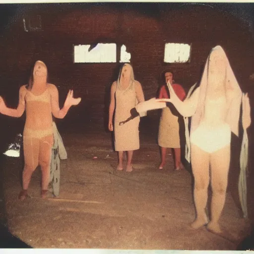 Image similar to creepy religious cult in abandoned warehouse, 1990s Polaroid photo, scary