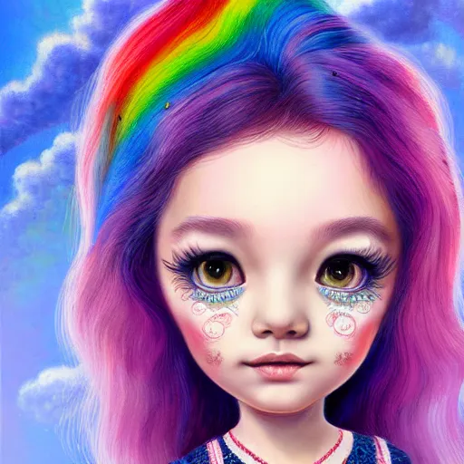 Prompt: an intelligent beautiful young girl with rainbow hair looking at the camera, she has a cute face, intricate, elegant, highly detailed, digital painting, artstation, concept art, smooth, sharp focus, illustration, art by mark ryden 3 d 8 k ultra detailed