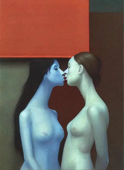 Image similar to two women kissing in a paper bag over the head translucent dress made of plastic bags Edward Hopper and James Gilleard, Zdzislaw Beksinski, highly detailed