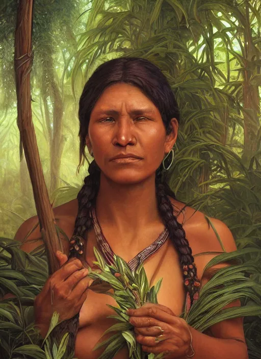 Image similar to a beautiful close up portrait of an indigenous woman holding medicinal plants in the jungle, highly detailed, art by christophe vacher