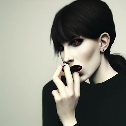 Prompt: a dignified young pale goth lady smoking a cigarette, photorealistic, sublime, 16k, smooth, sharp focus, cgsociety, trending on ArtStation, volumetric lighting