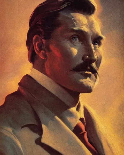 Image similar to Errol Flynn as a scientist. 1980s dystopian Soviet Russia, propaganda screens. Fantasy art by Greg Rutkowski, Gustave Courbet, Rosa Bonheur, Edward Hopper. Faithfully depicted facial expression, perfect anatomy, sharp focus, global illumination, radiant light, detailed and intricate environment, trending on ArtStation