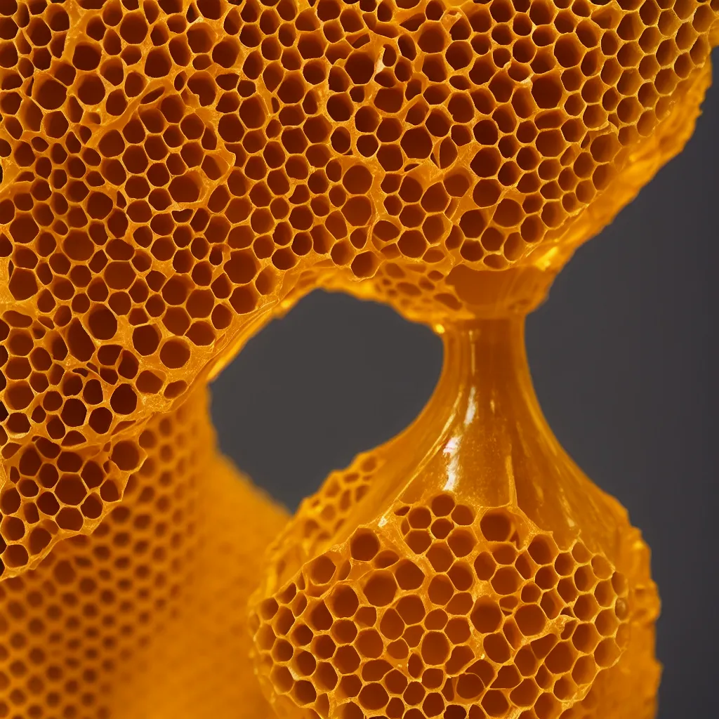 Image similar to real honeycomb traditional vase with honey by tomas gabzdil libertiny, product design, film still from the movie directed by denis villeneuve with art direction by zdzisław beksinski, telephoto lens, shallow depth of field