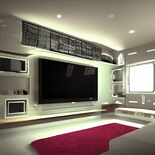 Prompt: futuristic high tech interior living room. digital art