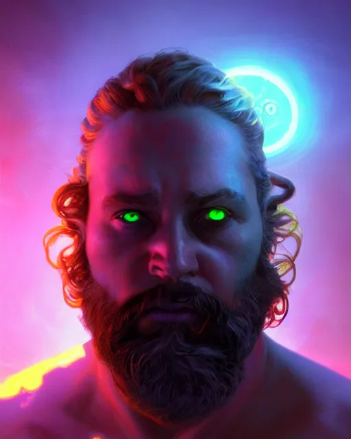 Image similar to epic fantasy render portrait of a despairing bioluminescent man with a beard with glowing eyes, dark retrowave, highly detailed, digital painting, cinematic, hyperrealism, rpg portrait, dynamic lighting, art by boris vallejo and julie bell and magali villeneuve and alphonse mucha, artstation, octane render, cgsociety